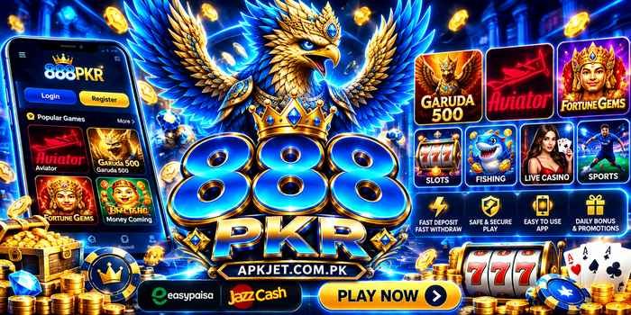 888PKR Game APK 2026 banner with Garuda, Aviator and casino games
