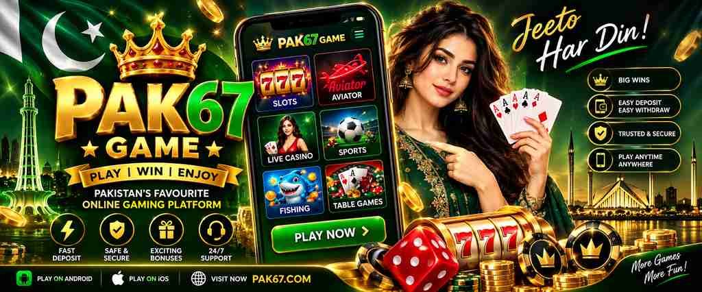 PAK67 Game banner with mobile gaming interface and green gold design