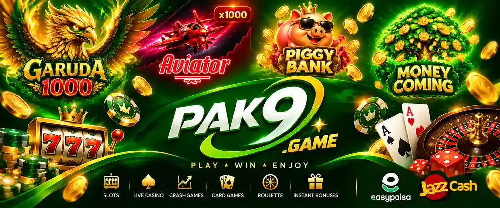 PAK9 Game casino gaming banner with Garuda 1000 Aviator and casino games