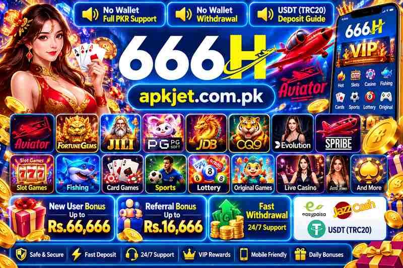 666H all games banner featuring Aviator, slots, fishing, card games, sports, and apkjet.com.pk