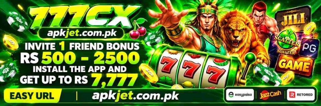 777CX Game banner with slot machine and apkjet.com.pk branding