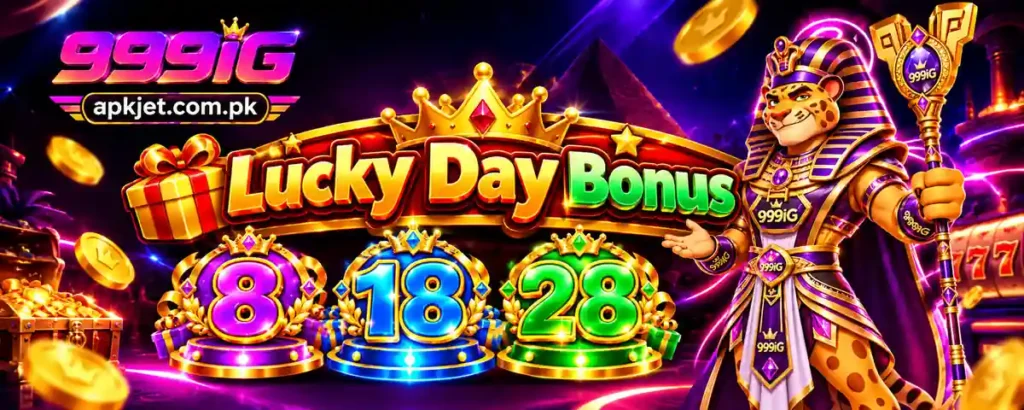 999iG Lucky Day Bonus banner with 8 18 28 numbers and purple gold design