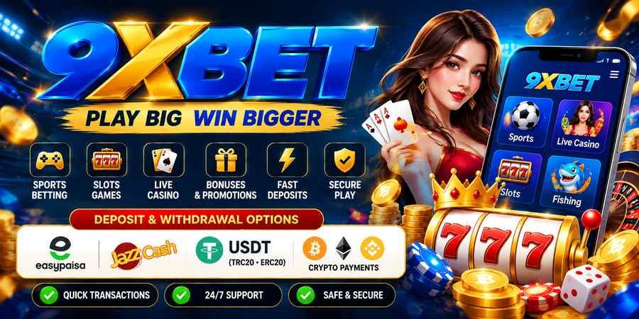 9XBET Game promotional banner with blue and gold branding and crypto payment illustrations