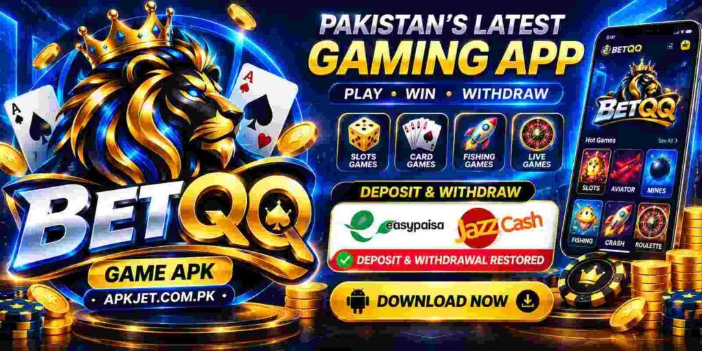 BETQQ Game APK banner with blue and gold lion and APKJet.com.pk branding