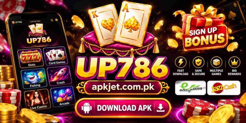 UP786 Game banner with playing cards, game features, and apkjet.com.pk branding