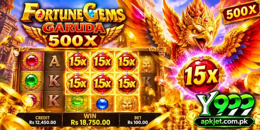 Fortune Gems Garuda 500X gameplay banner featuring 15x symbols