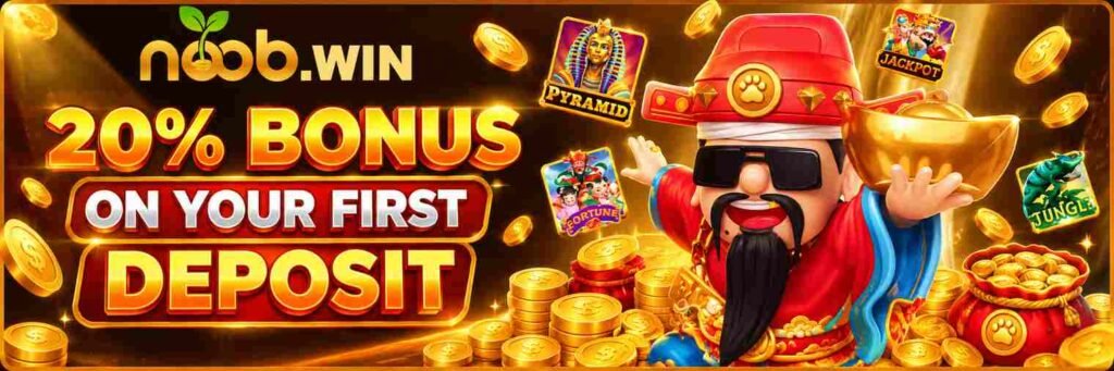Noob Win banner advertising a 20% first-deposit bonus
