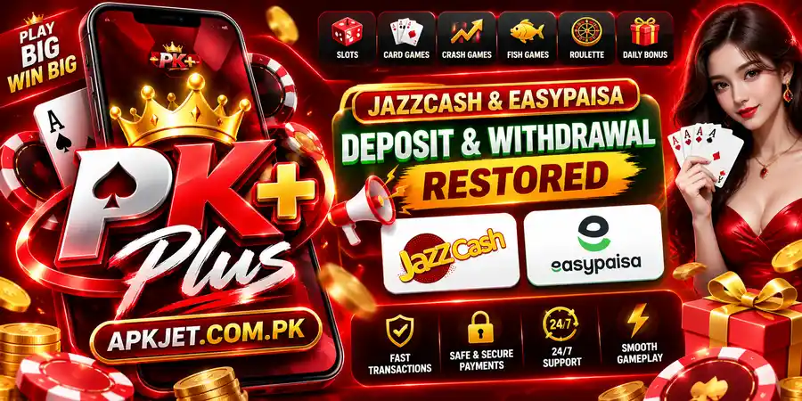 PKPlus Game banner featuring JazzCash and Easypaisa deposit and withdrawal update