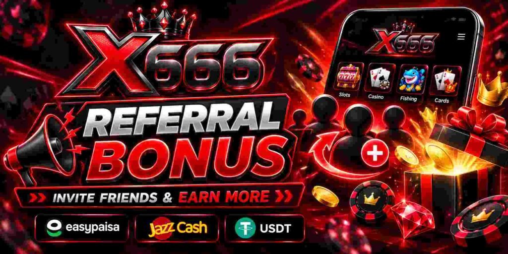 X666 referral bonus banner in black and red neon theme
